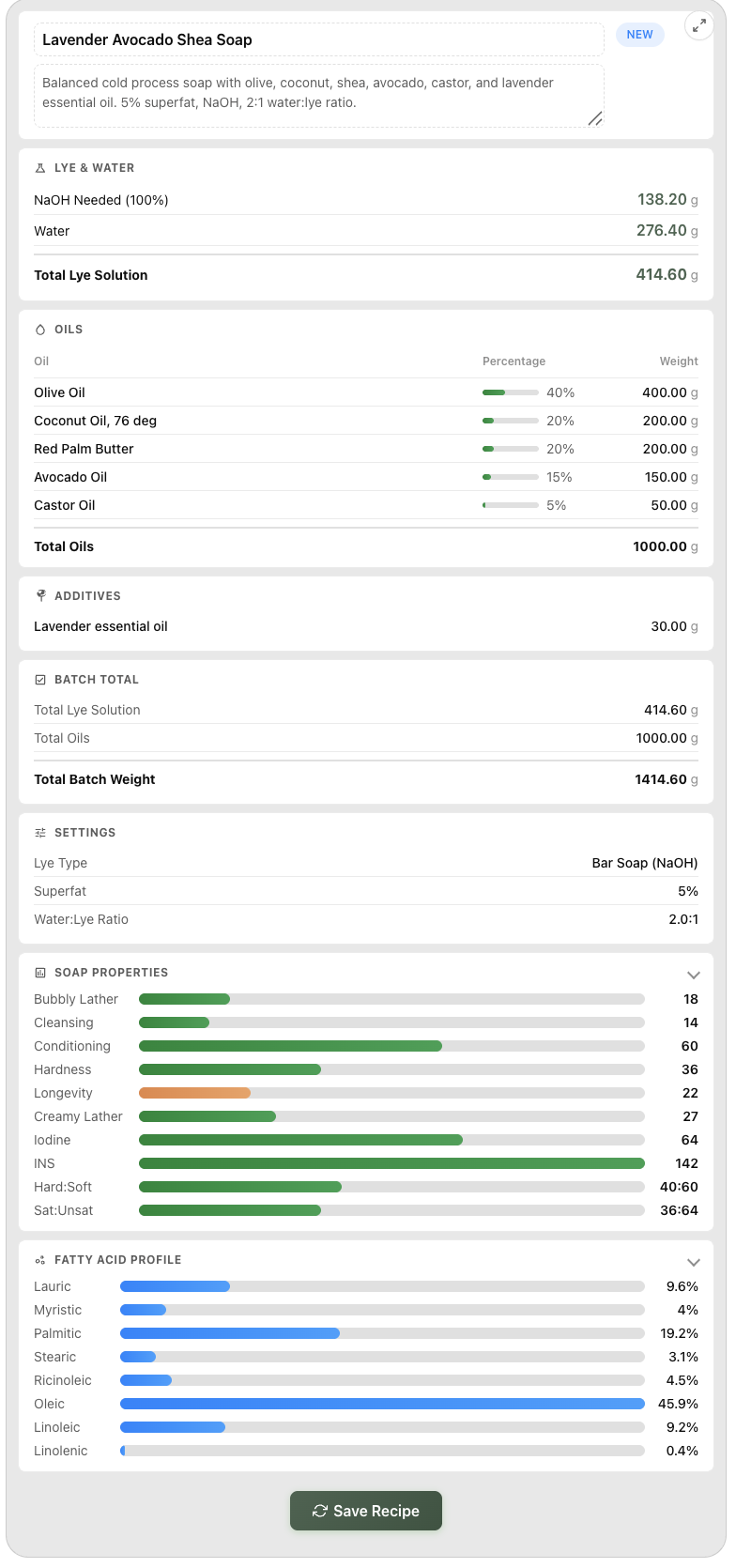 Simple SoapCalc Recipe Viewer inside ChatGPT — recipe card showing oils, lye amounts, soap properties, and fatty acid breakdown