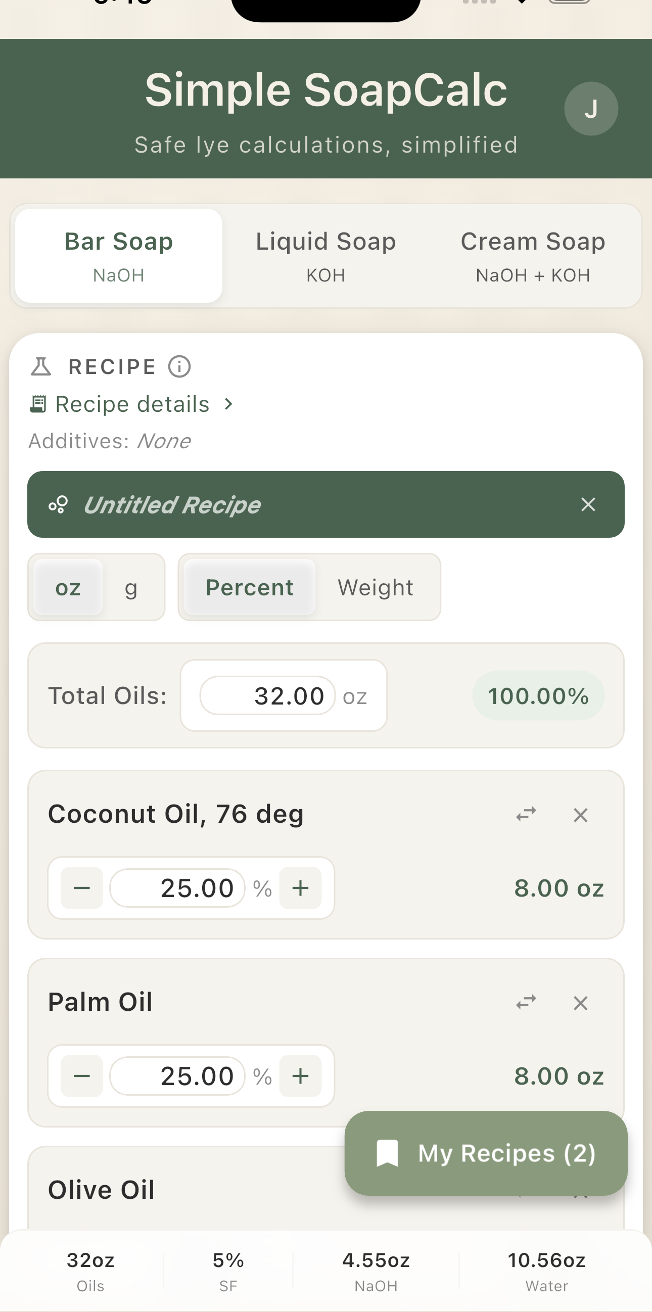 Recipe loaded in calculator