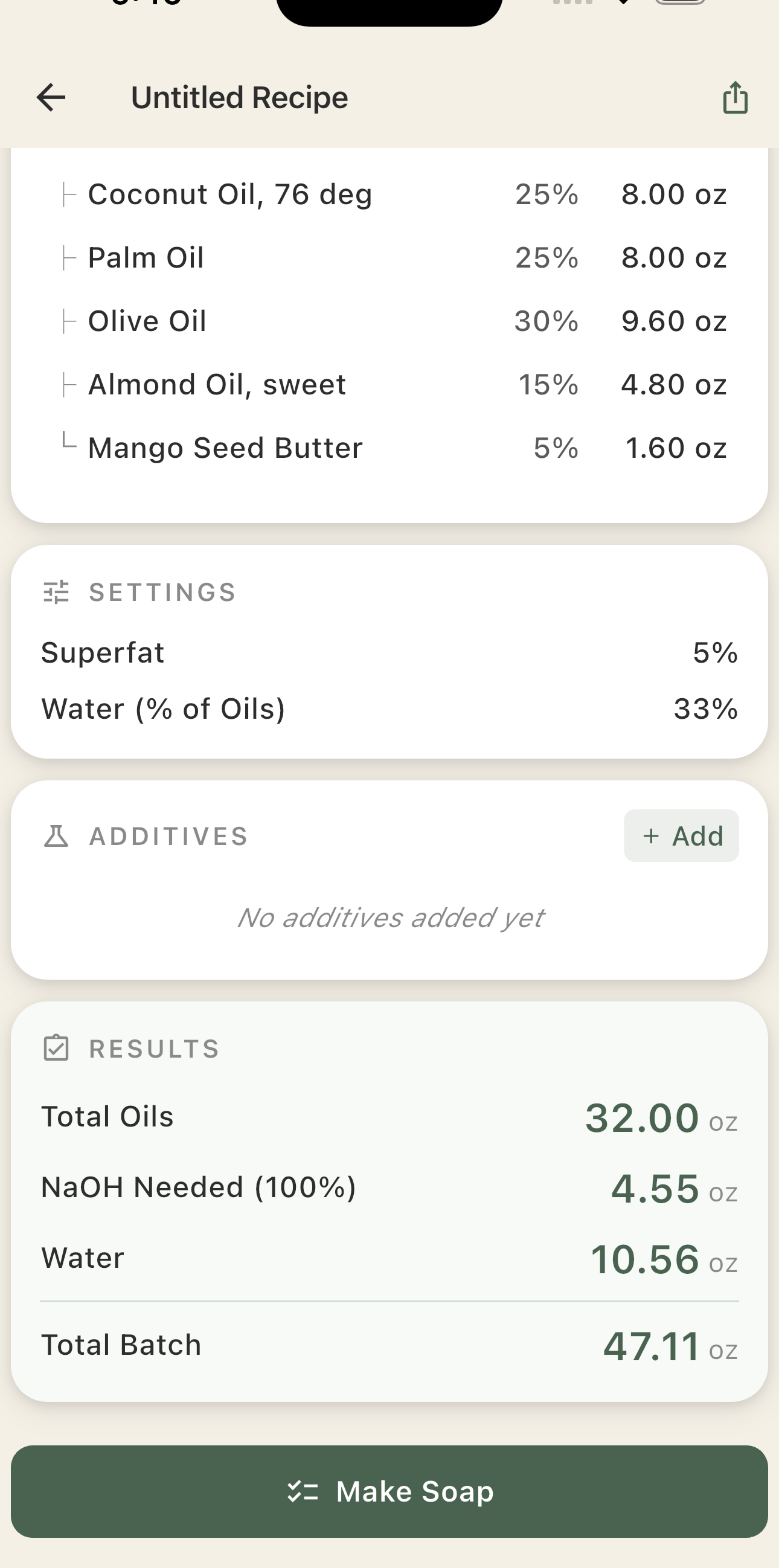 Full recipe view with Make Soap